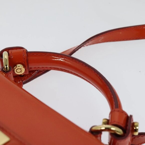 Salvatore Ferragamo Gancini Hand Bag Enamel 2way Orange Gold Auth - Picture 10 of 16